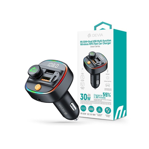 Devia ST112513 Smart Series autós gyorstöltő 30W PD+QC 2xUSB/AUX/MP3 fekete Bluetooth FM-transmitter